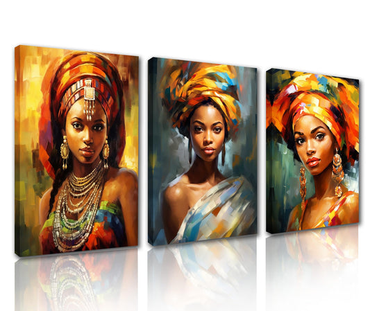 Tucocoo 3 Piece Canvas Wall Art African Fashion Women Pictures Beautiful Black Girl Portrait Paintings Contemporary Artwork Home Decor for Living Room Framed Gallery-wrapped Ready to Hang 42''Wx20''H