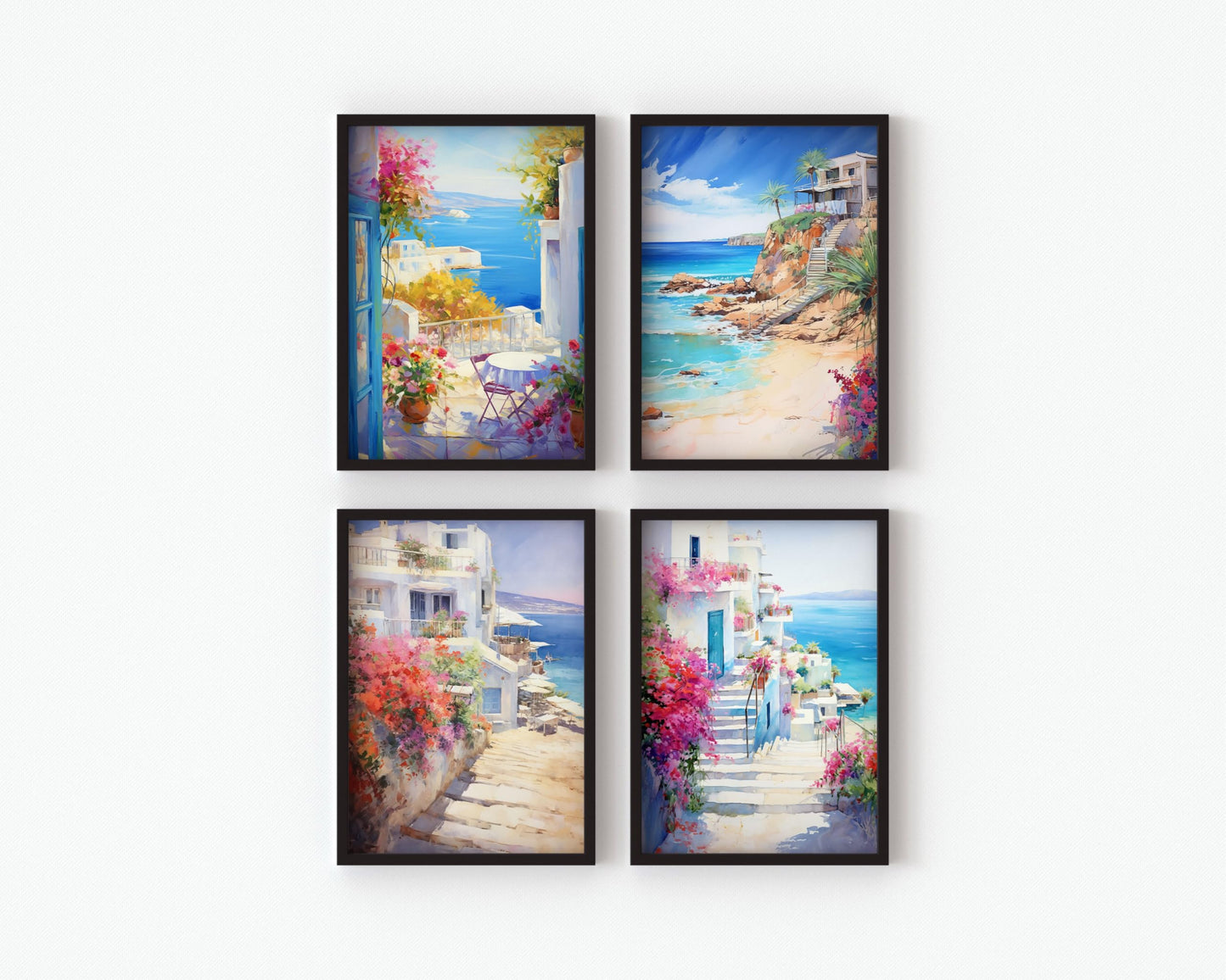 Set of 4 A4 Prints of Mediterranean Coastal Wall Art Prints - Abstract Art for Living Room, Bedroom, Kitchen, and Bathroom Decor - Room Wall Decor Posters (Prints Only)