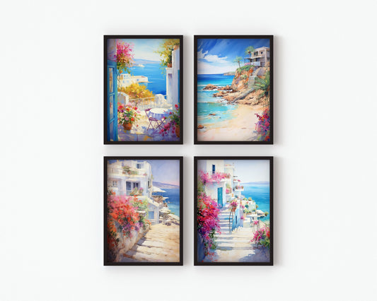 Set of 4 A4 Prints of Mediterranean Coastal Wall Art Prints - Abstract Art for Living Room, Bedroom, Kitchen, and Bathroom Decor - Room Wall Decor Posters (Prints Only)