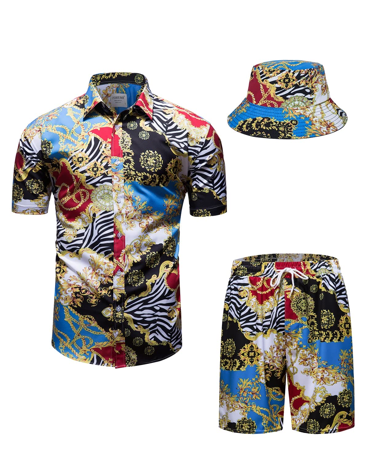 fohemr Mens Luxury Outfit Set Gold Chain Print Shirts and Shorts 2 Piece Set Baroque Hawaiian Button Down Suit with Bucket Hats Blue Large