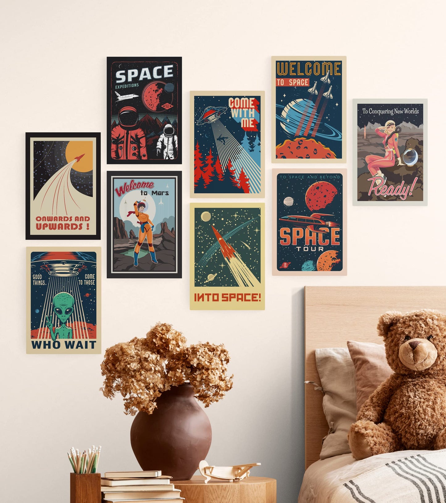 Olivia Samuel 9 x Space Wall Art from A4 Size Wall Art on Thick 350gsm Card. Vintage Retro Style Astronaut Poster Designs. ** UNFRAMED **