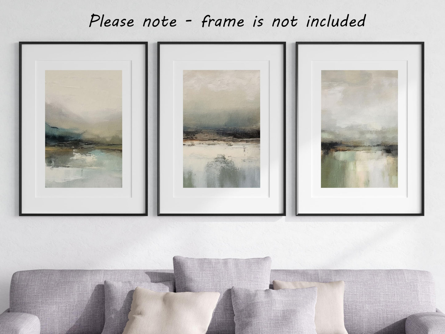 Muted Abstract Landscape Set of 3 Unframed Wall Poster Prints, Digitally Printed Painting Style, Lounge Bedroom Kitchen Bathroom Home Decor, Muted Tones, Green White Grey Black (A3)