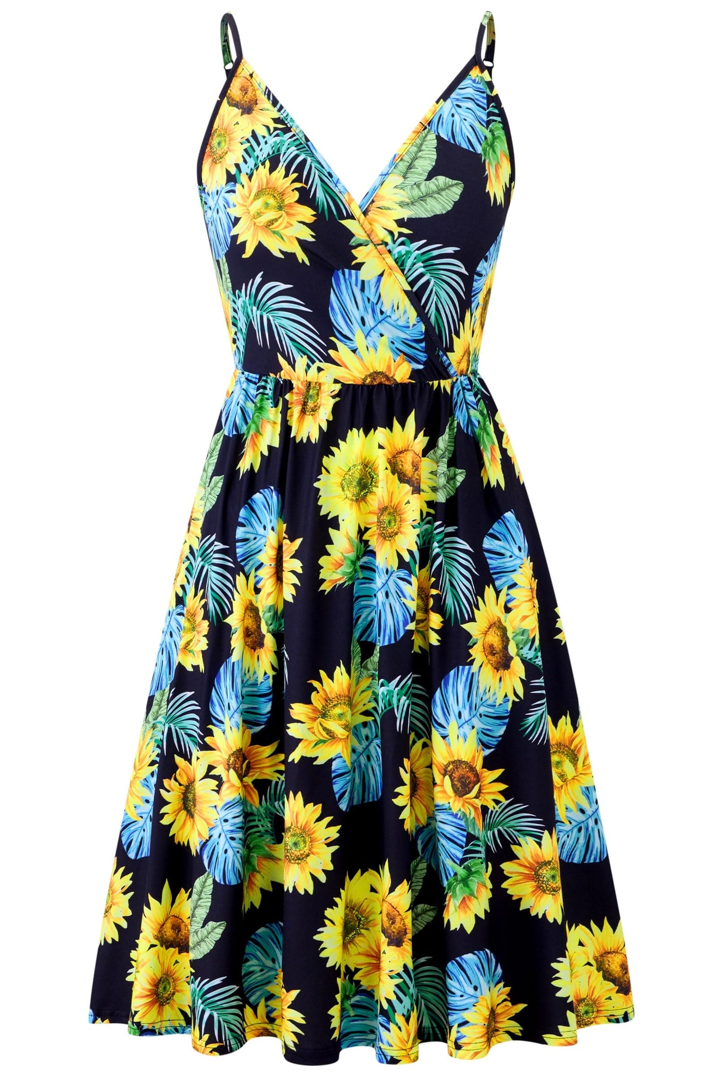 Freshhoodies Ladies Summer Dresses Sunflower Bohemian Floral Spaghetti Strap A-Line Stretch Sun Dress for Womens Elegant V-Neckline Swing Maxi Holiday Beach Dress with Pockets XL