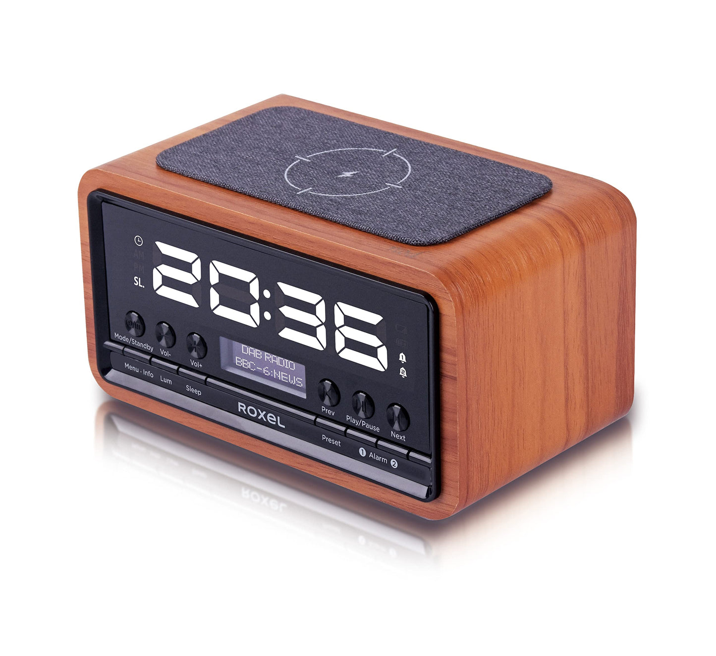 Roxel Nod Bedside Radio, DAB/DAB+ & FM Radio, Alarm Clock, Wireless Phone Charging, Large Digit Display, Dual Bedside Alarm Clock with Wireless Streaming (Walnut)