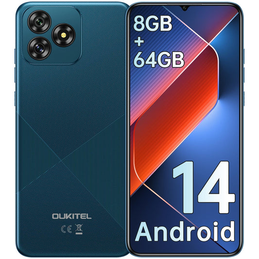 OUKITEL C53 Mobile Phones 2024, 6.6" HD+ Waterdrop Screen Android 14 Phone, 4300mAh Smartphone, 8GB+64GB/1TB Octa Core, 13MP Main Camera, 4G Dual SIM Free Unlocked, Face ID/GPS/3.5mm Jack, Blue