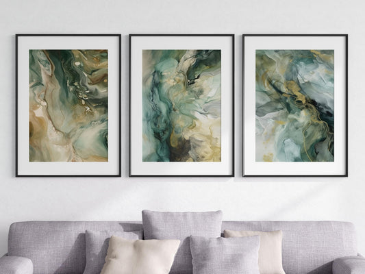 Green Liquid Marble Set of 3 Unframed Wall Poster Prints, Liquid Marble Textures, Bedroom Bathroom Living Room Kitchen Office Home Decor, Modern Abstract Wall Art (A4)