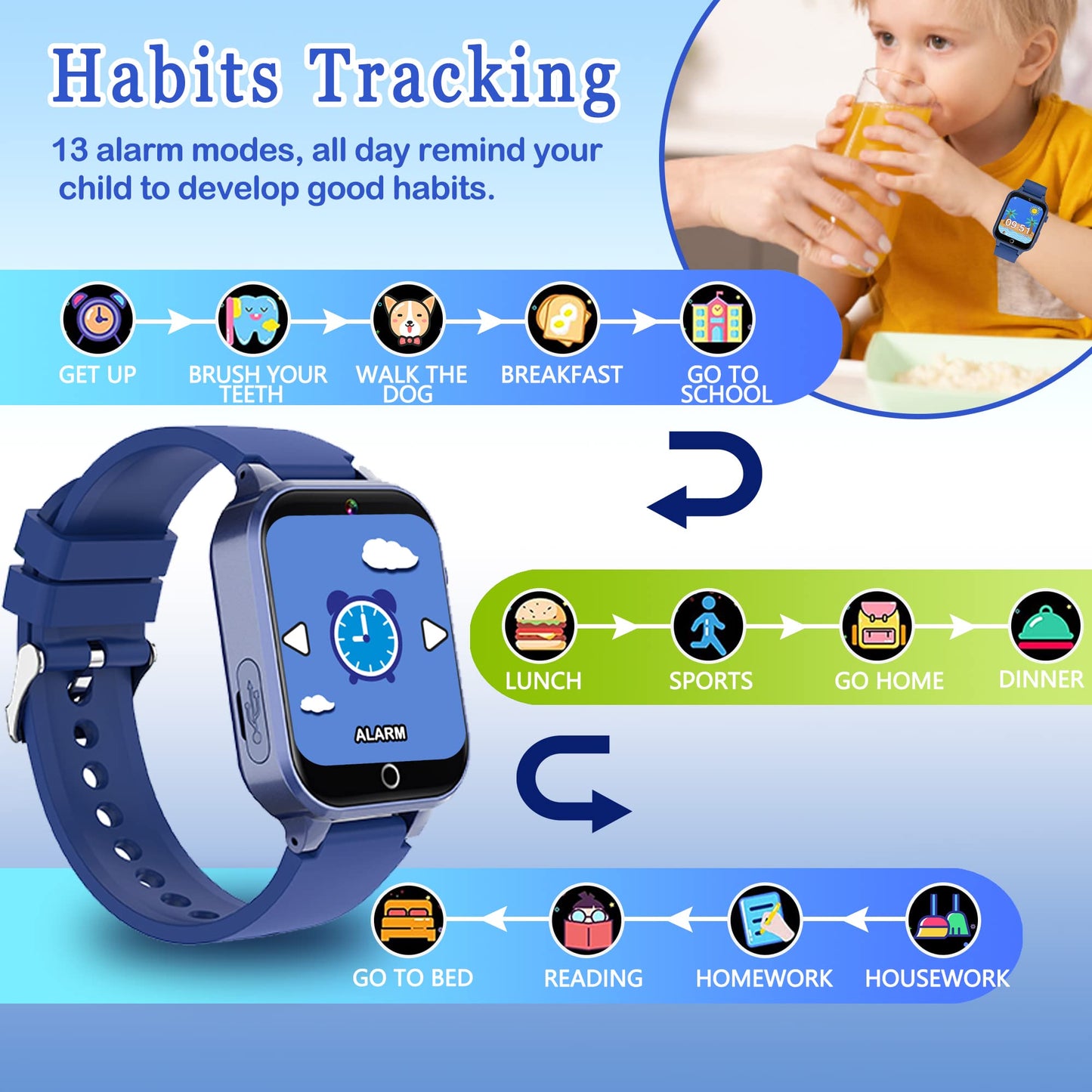 LITEYPP Kids Smart Watch Boys Girls, Smart Watch for Kids Toddler Watches with 13 Alarm Modes Habit Reminder Pedometer Flashlight Games Camera Video Music, Kids Gift Boys Toys for Kids, Blue