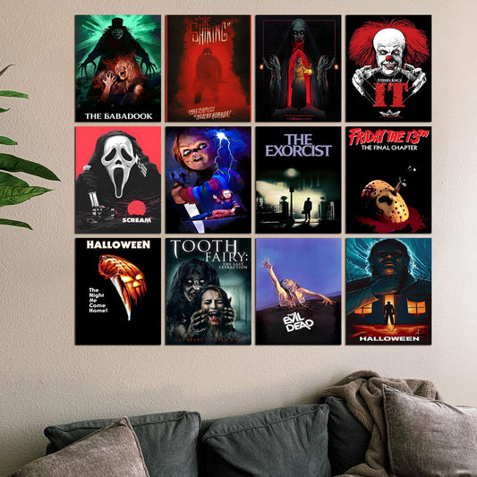 12Pcs Vintage Classic Horror Movie Posters, Creepy Scary Horror Movie Decor, Wall Art Monster Suspense Movie Set Horror Decor for Home Man Cave Dorm Wall Decor, Unframed(8 X 10 Inches)