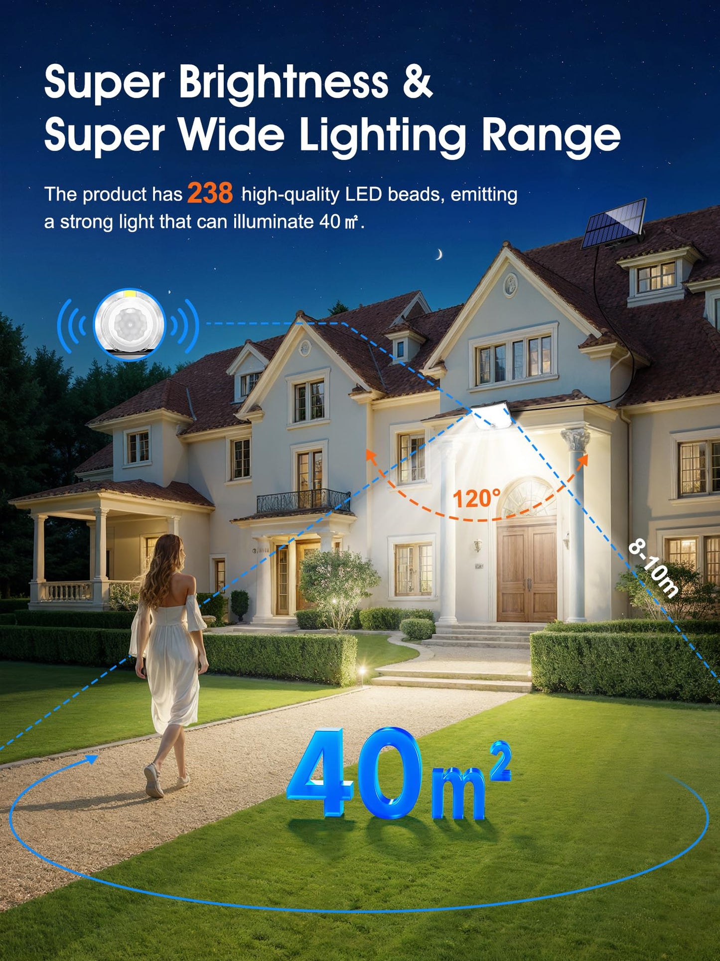 PIKOY Solar Lights, 238LED 2000LM Outdoor Solar Lights Outdoor Garden, 3 Mode Remote Solar Security Lights Outdoor Motion Sensor 270°,2200mAh Garden Lights Solar Powered Waterproof IP65 Garden,Garage