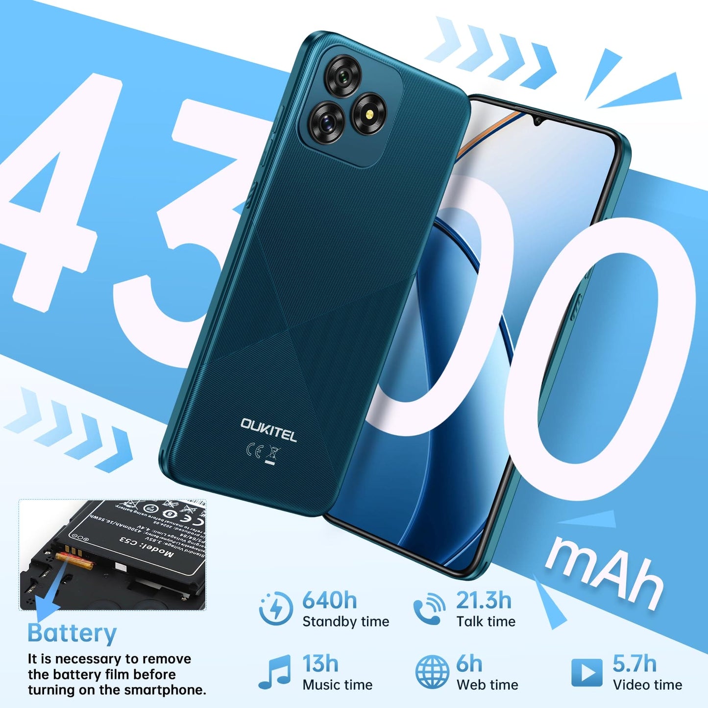 OUKITEL C53 Mobile Phones 2024, 6.6" HD+ Waterdrop Screen Android 14 Phone, 4300mAh Smartphone, 8GB+64GB/1TB Octa Core, 13MP Main Camera, 4G Dual SIM Free Unlocked, Face ID/GPS/3.5mm Jack, Green