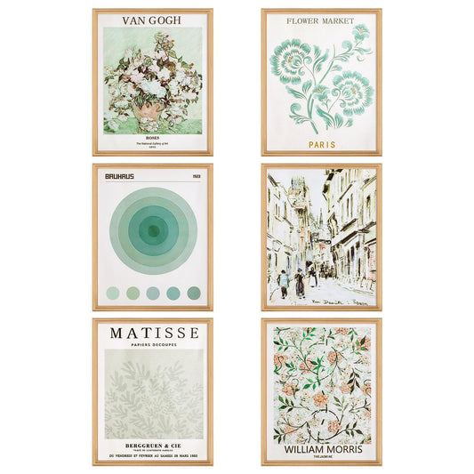 Dimeho 6 Pcs Sage Green Master Wall Art Prints Unframed Abstract Matisse Wall Exhibition Posters Vintage Boho Wall Decor Aesthetic for Living Room Bedroom Hallway Bathroom