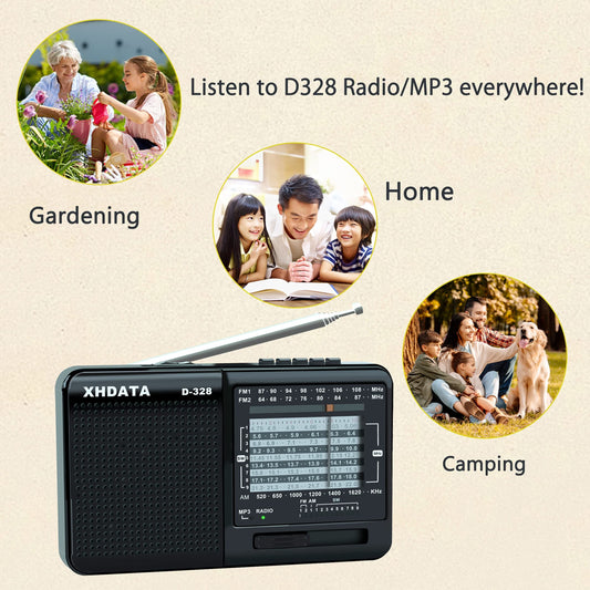 XHDATA D-328 Radio Portable FM AM SW Support TF Card MP3 Pocket Radio with Rechargeable Battery Black