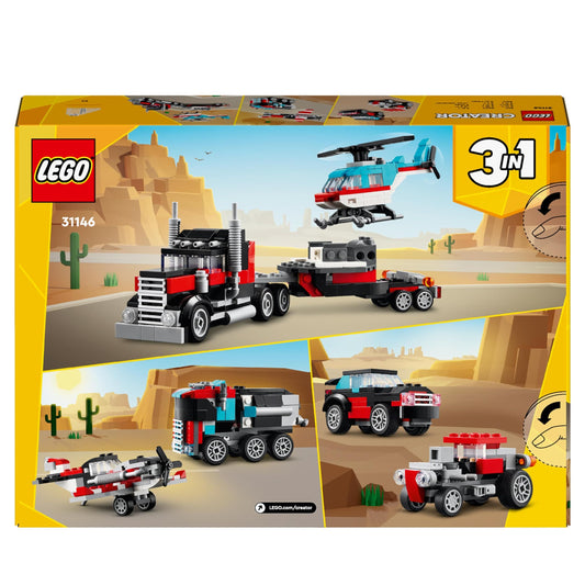 LEGO Creator 3in1 Flatbed Truck with Helicopter Toy to Propeller Plane and Fuel Lorry to Hot Rod and SUV Car Toys for 7 Plus Year Old Boys, Girls and Kids who Love Cool Vehicles, Gift Idea 31146