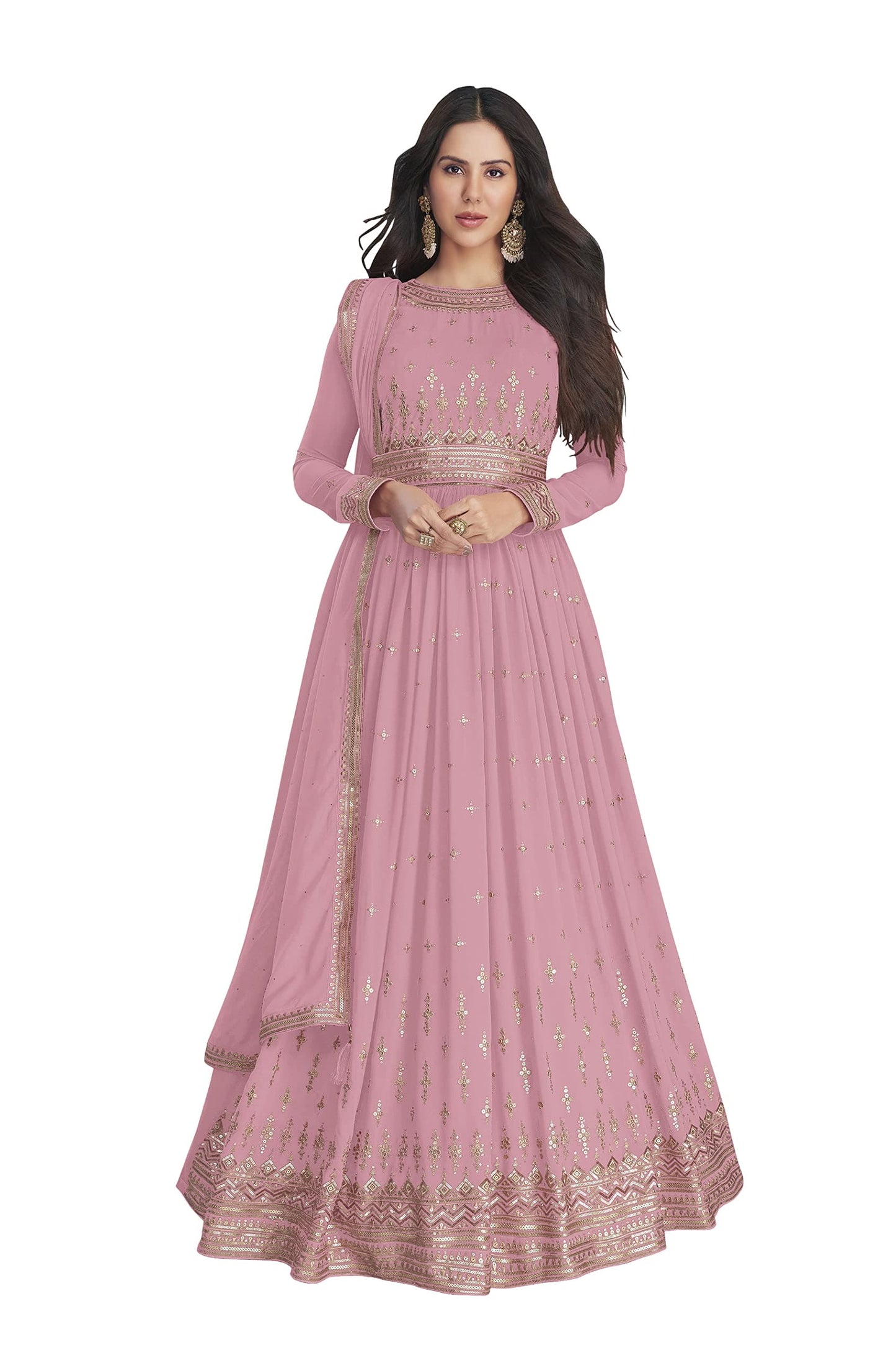 ZUVAANYA Ready to Wear Indian/Pakistani Party Wear Women's Embroidery Faux Georgette Anarkali Floral Gown for Women Pink