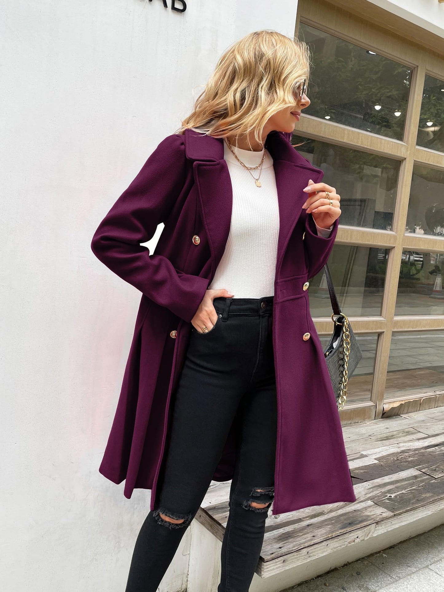 GRACE KARIN Women's Elegant Double-Breasted Coat Windproof Trench Coat Outwear for Winter A-Line Peacoat L Dark Purple