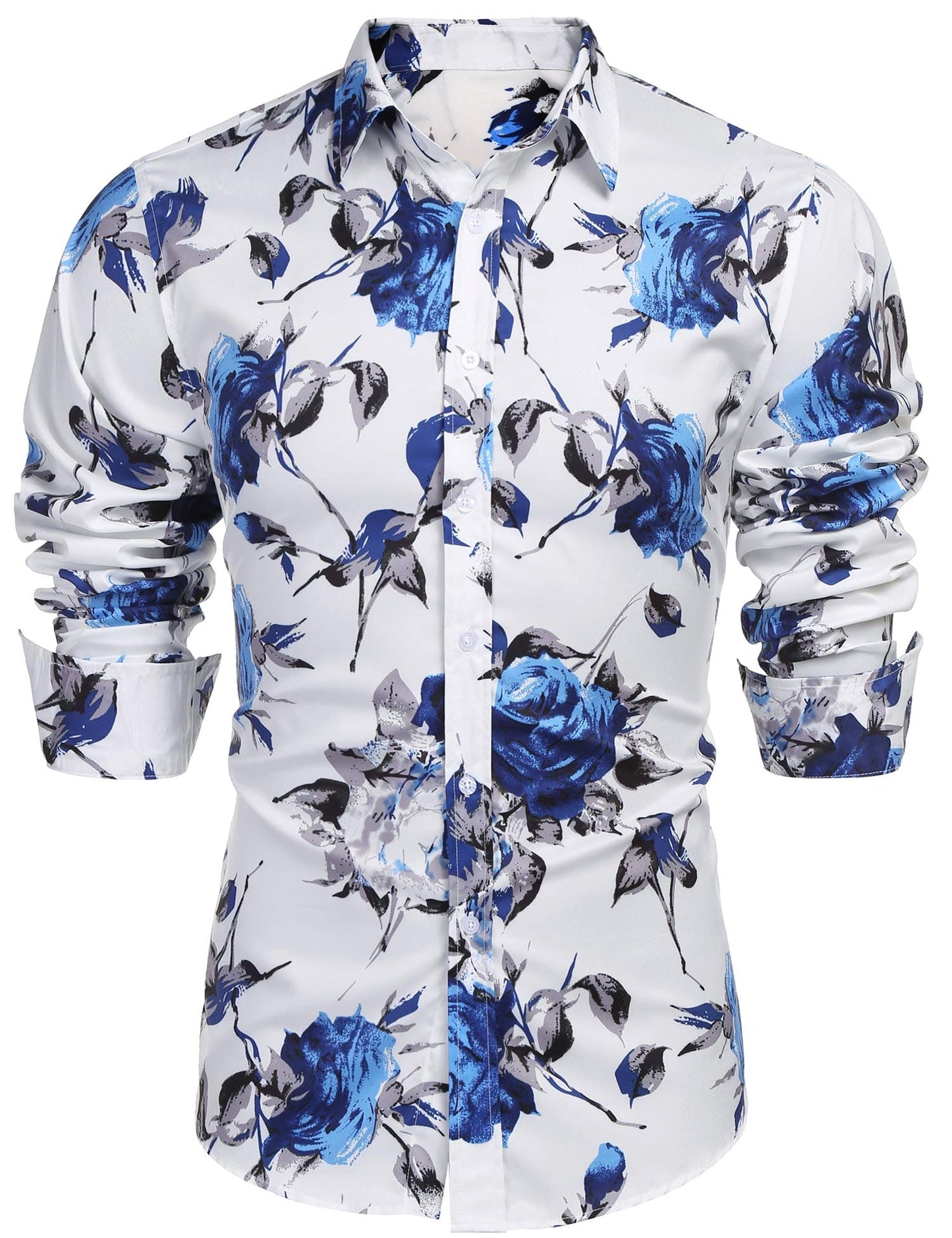 COOFANDY Men's Slim Fit Floral Dress Shirt Long Sleeve Casual Button Down Shirts, 01_White&Blue, Medium