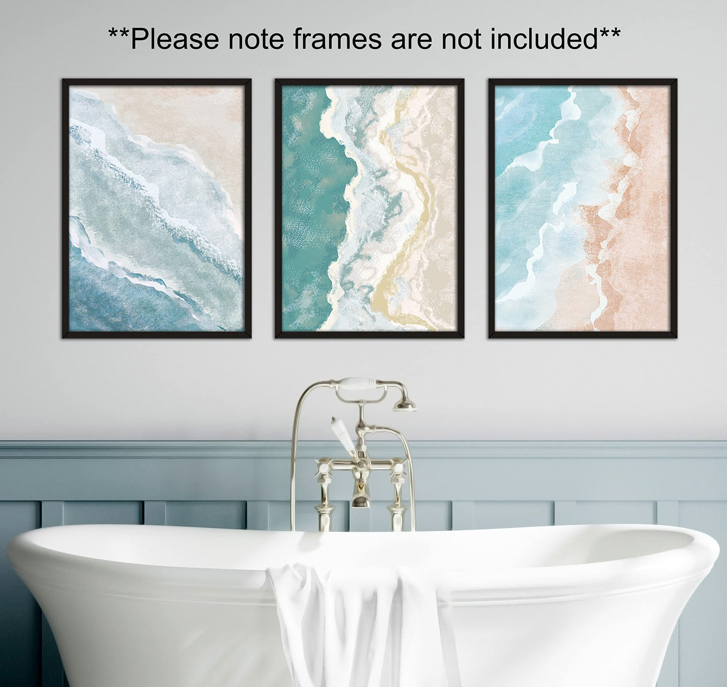 Abstract Beach Waves Set of 3 Unframed Wall Prints, Beach Sea Sand Coastal Landscape Bathroom Wall Art, Home Décor, Watercolour Style Abstract, Ocean Gallery Wall Art (A4)