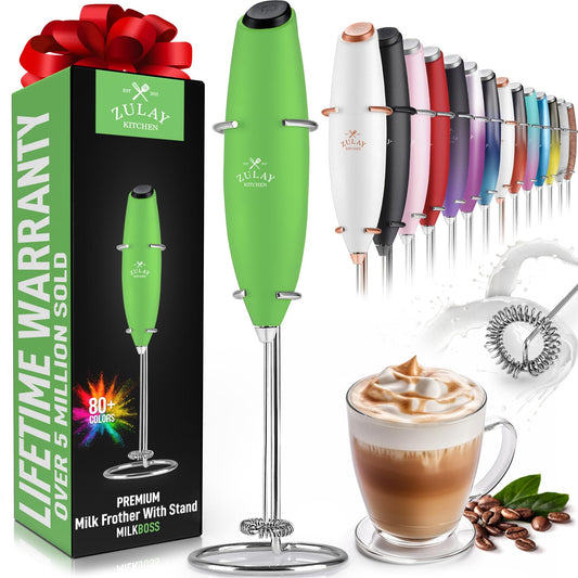 Zulay Kitchen Powerful Milk Frother Wand - Ultra Fast Handheld Drink Mixer - Electric Whisk Foam Maker for Coffee, Lattes, Cappuccino, Frappe, Matcha & Coffee Creamer - Milk Boss Clover Green