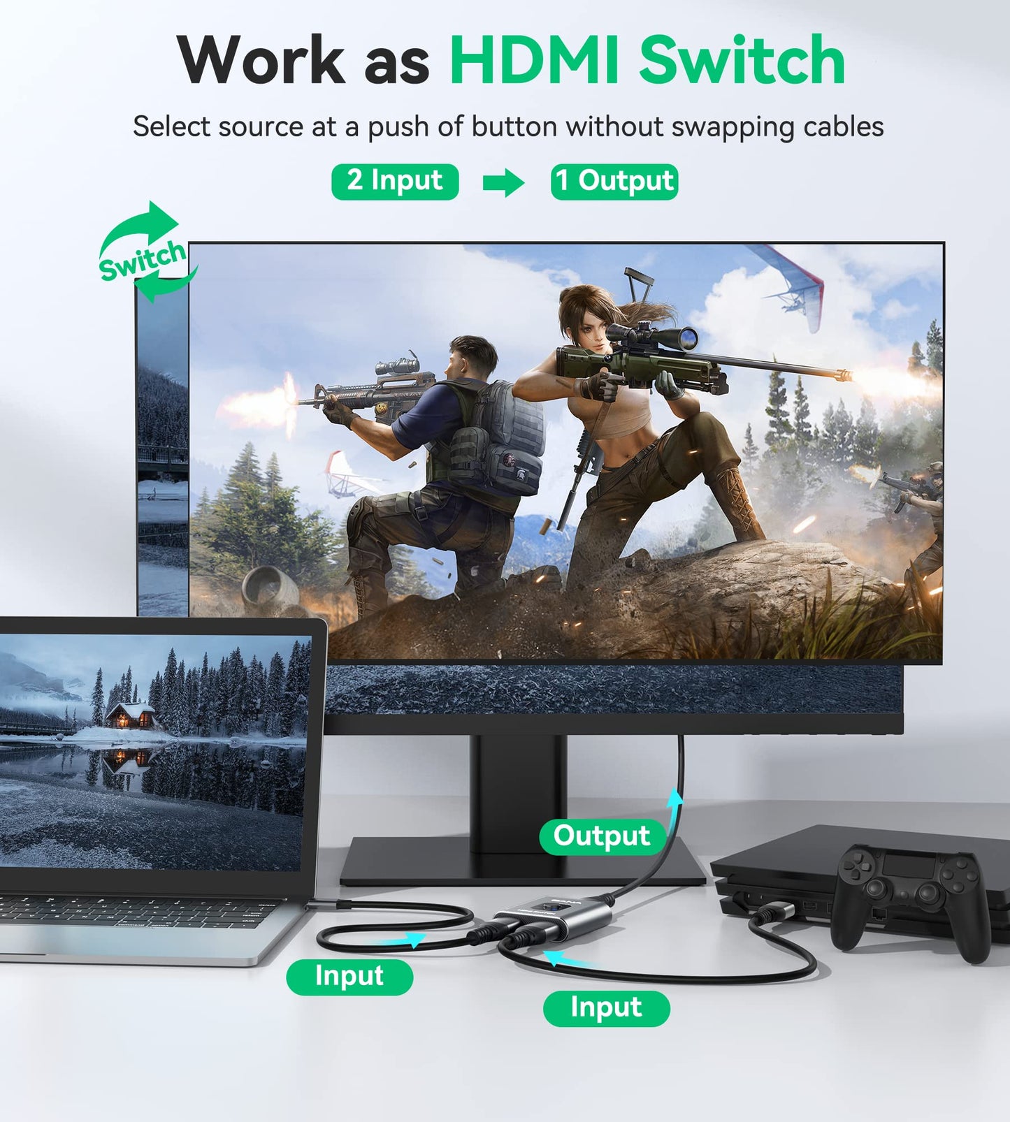 HDMI Switch 4k@60hz Splitter, GANA Aluminum Bidirectional HDMI Switcher 2 in 1 Out, Manual HDMI Hub Supports HD Compatible with Xbox PS5/4/3 Blu-Ray Player Fire Stick Roku