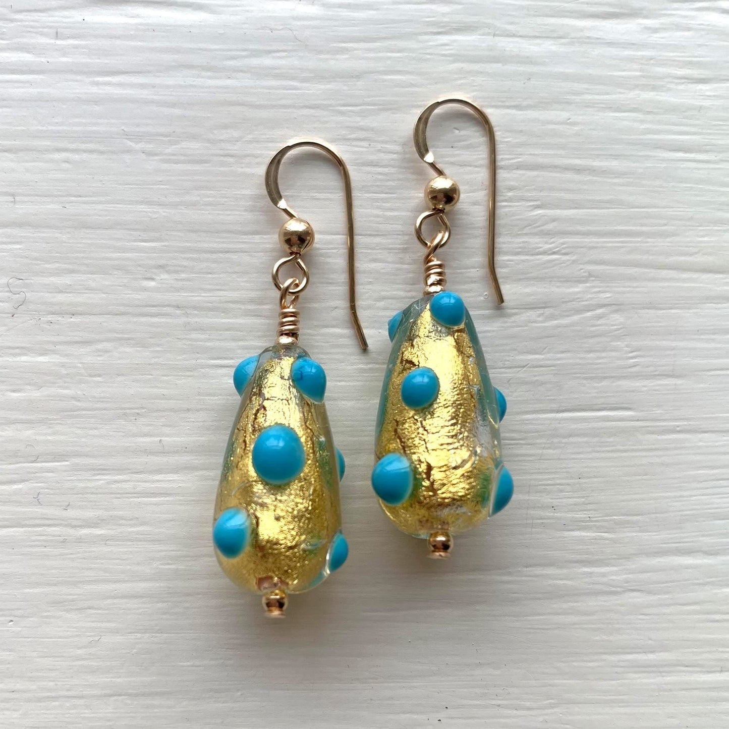 Diana Ingram earrings with turquoise (blue) appliqué spots over gold Murano glass short pear drops on Sterling Silver or 22 Carat gold vermeil hooks