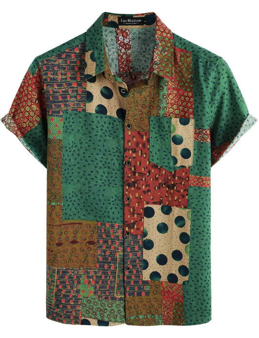 LucMatton Men's Casual Linen Breathable African Print Shirt Summer Short Sleeve Button up Hawaiian Tops Green Medium