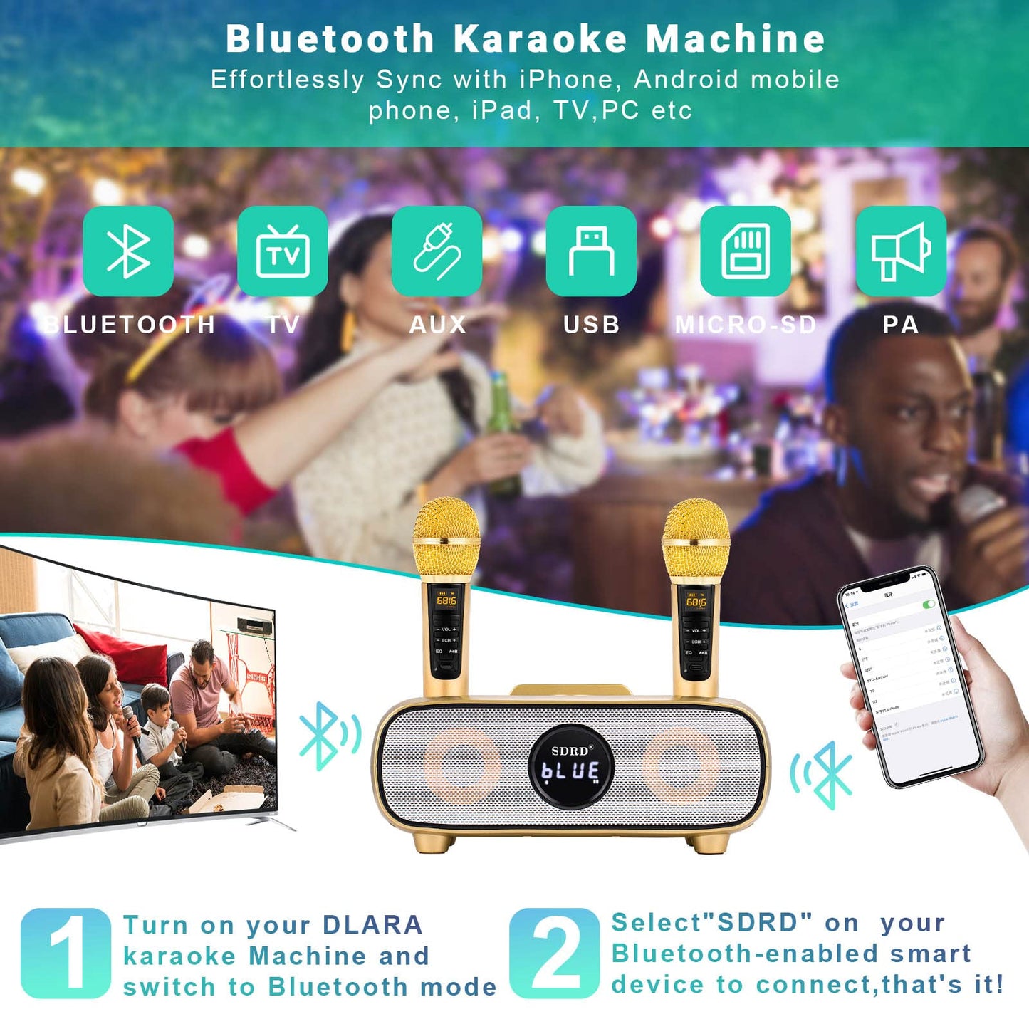 Karaoke Machine for Adults and Kids,Portable Bluetooth 2 Wireless Karaoke Microphone with Holder/USB/TF Card/AUX-in, PA Speaker System for Home Party, Picnic,Car,Outdoor/Indoor