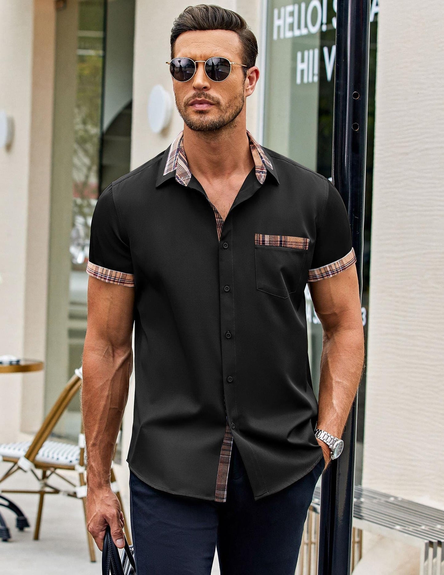 COOFANDY Mens Shirt Dress Slim Fit Button Down Summer, Black, Large, Short Sleeve