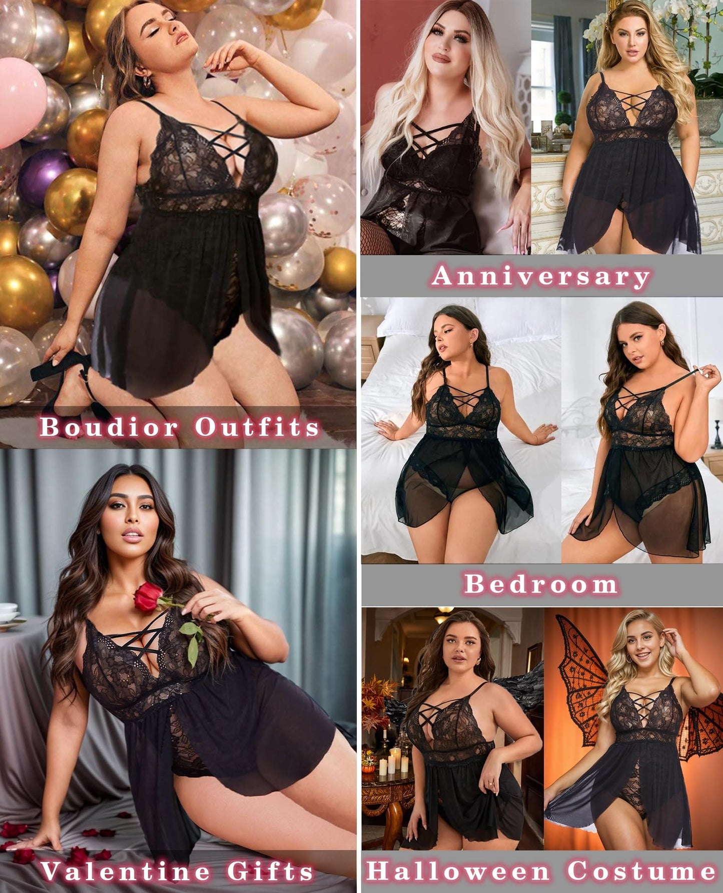 Avidlove Plus Size Lace Chemsie Woman Lingerie Babydoll Sleepwear Bridal Nightdress (Black, XXL)