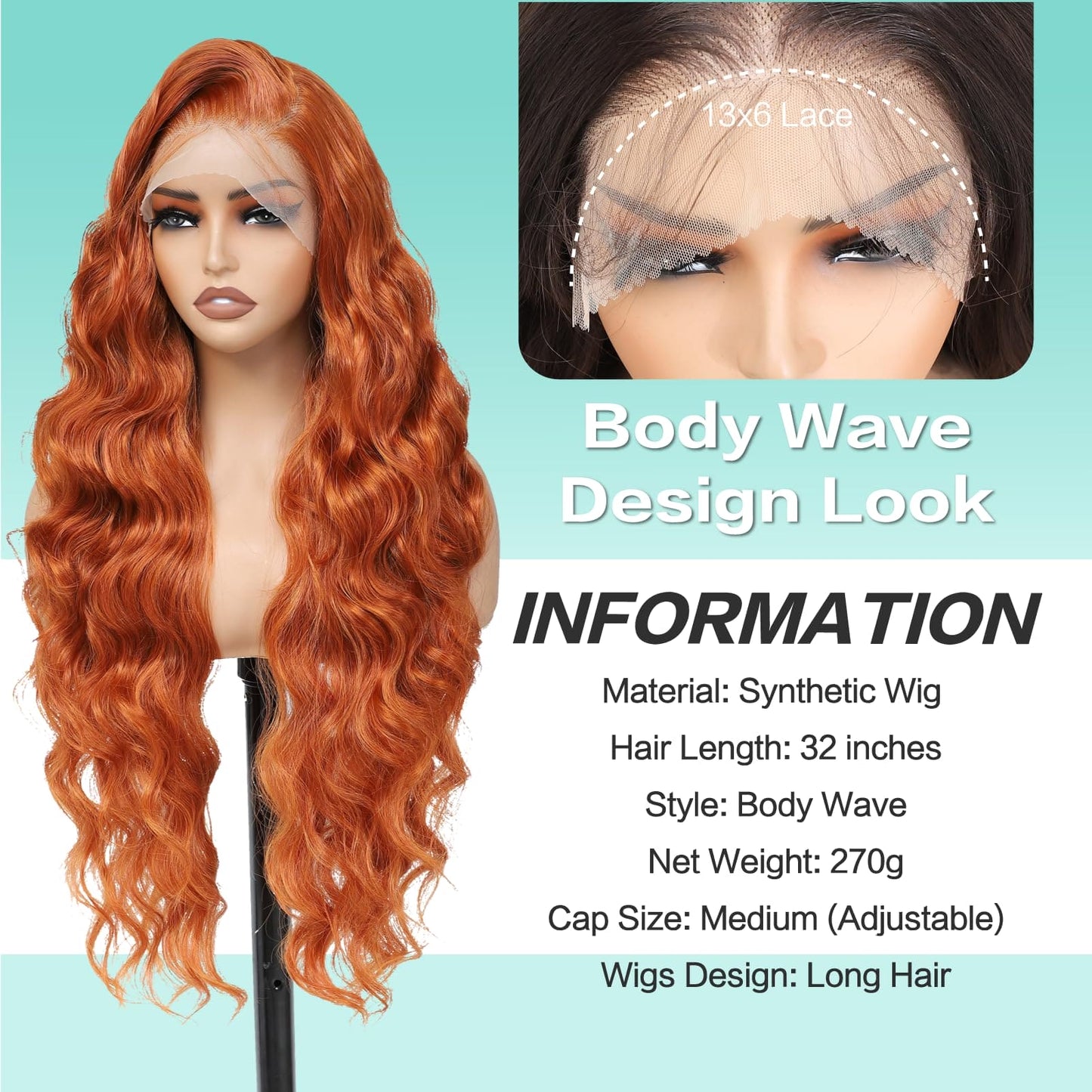 Humistwbiu Body Wave Wigs 13x6 Lace Front Wig Pre-Plucked Hairline with Baby Hair Transparent Swiss Lace Heat Resistant Synthetic Hair Glueless Lace Front Wavy Wigs for Women 32 Inch (#Ginger）