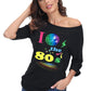 ELFIN 80s T Shirt Fancy Dress Costume for Women Off Shoulder Tops Sexy Lips Printed Casual Jumper Shirts