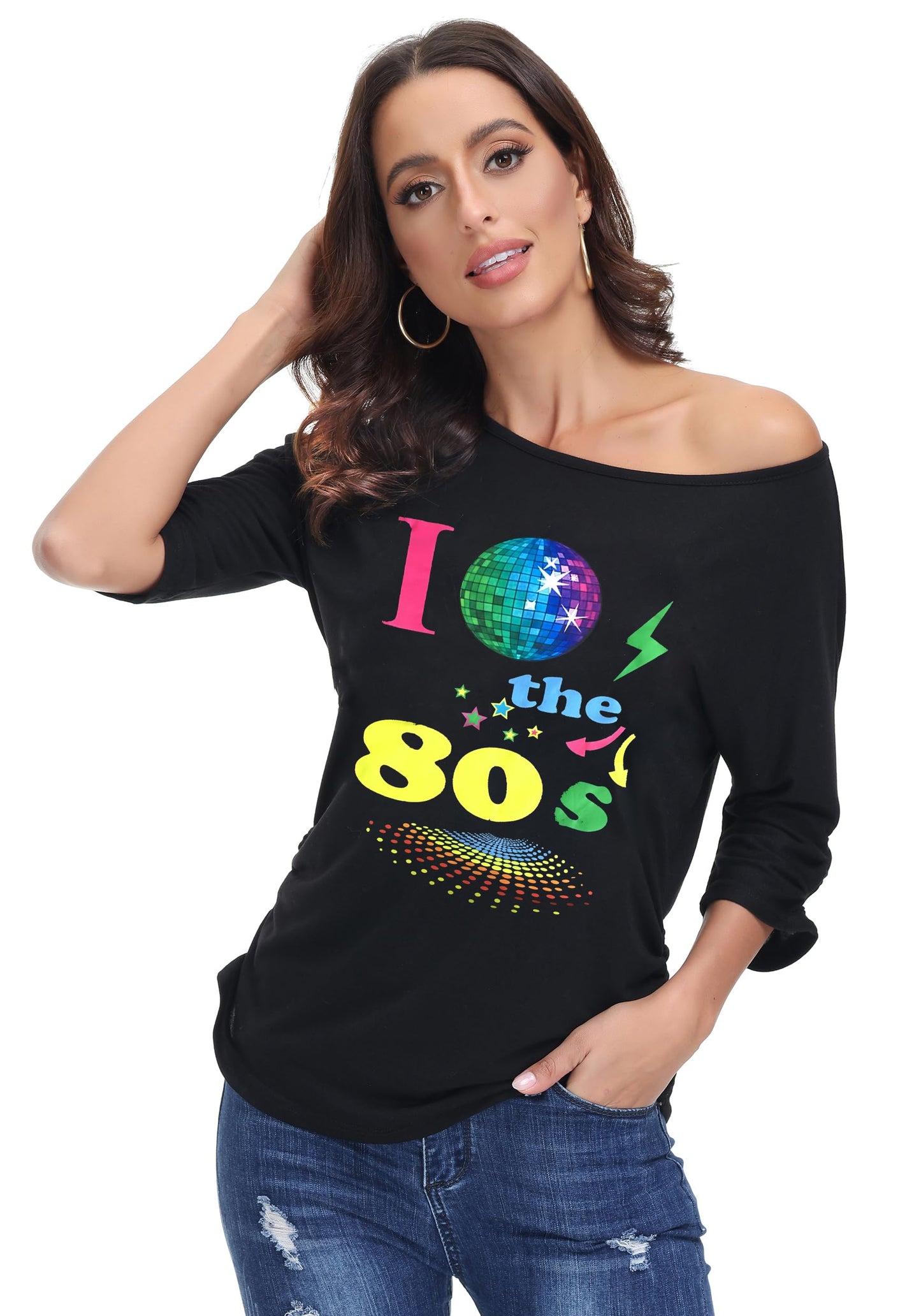 ELFIN 80s T Shirt Fancy Dress Costume for Women Off Shoulder Tops Sexy Lips Printed Casual Jumper Shirts