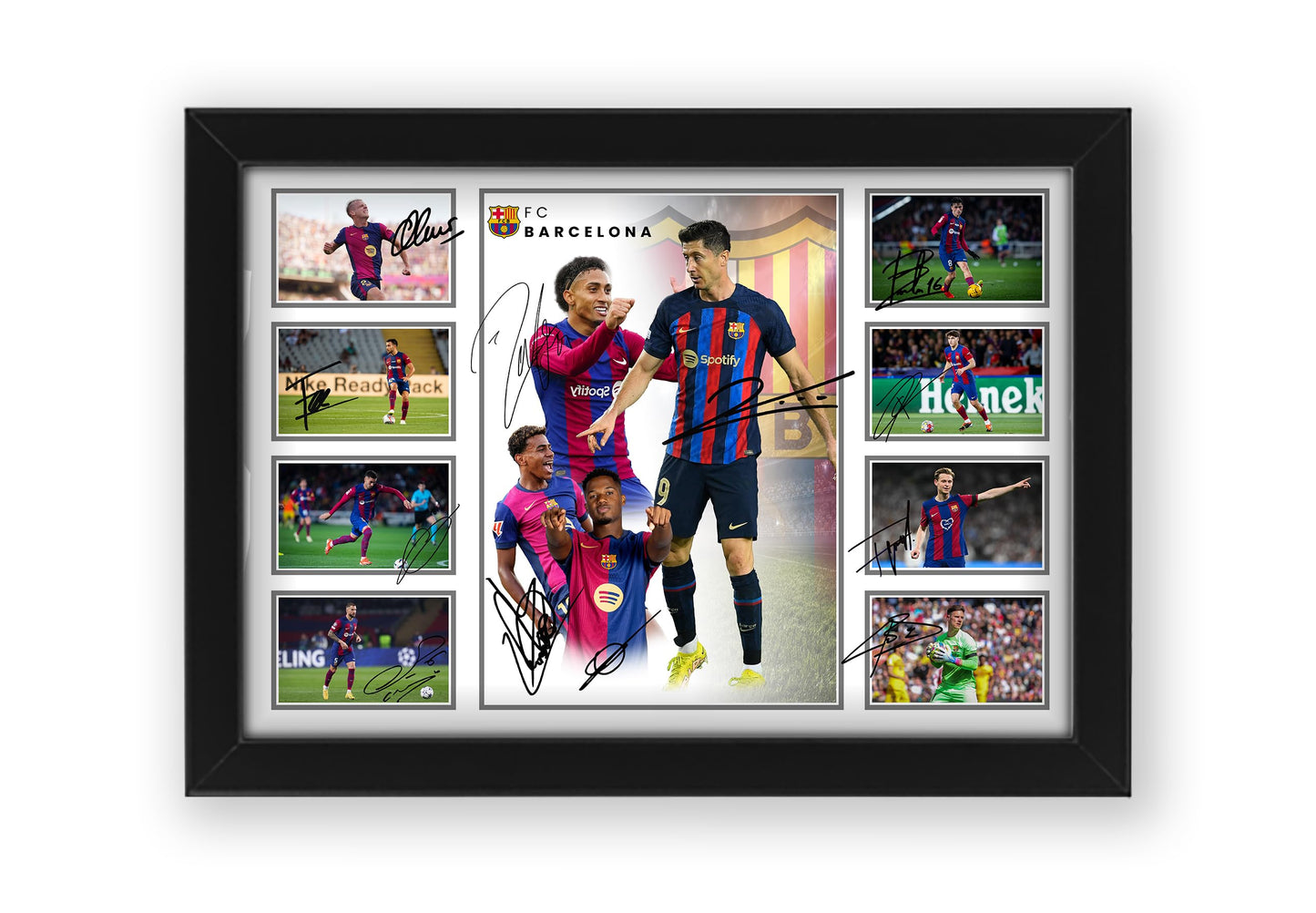 Barcelona Football Club 2024-25 FCB Team Merchandise Signed Poster Print - Limited Edition Autograph Football Fan Gift – Collectible Memorabilia, La Liga Season (Framed A4 (30x21cm))