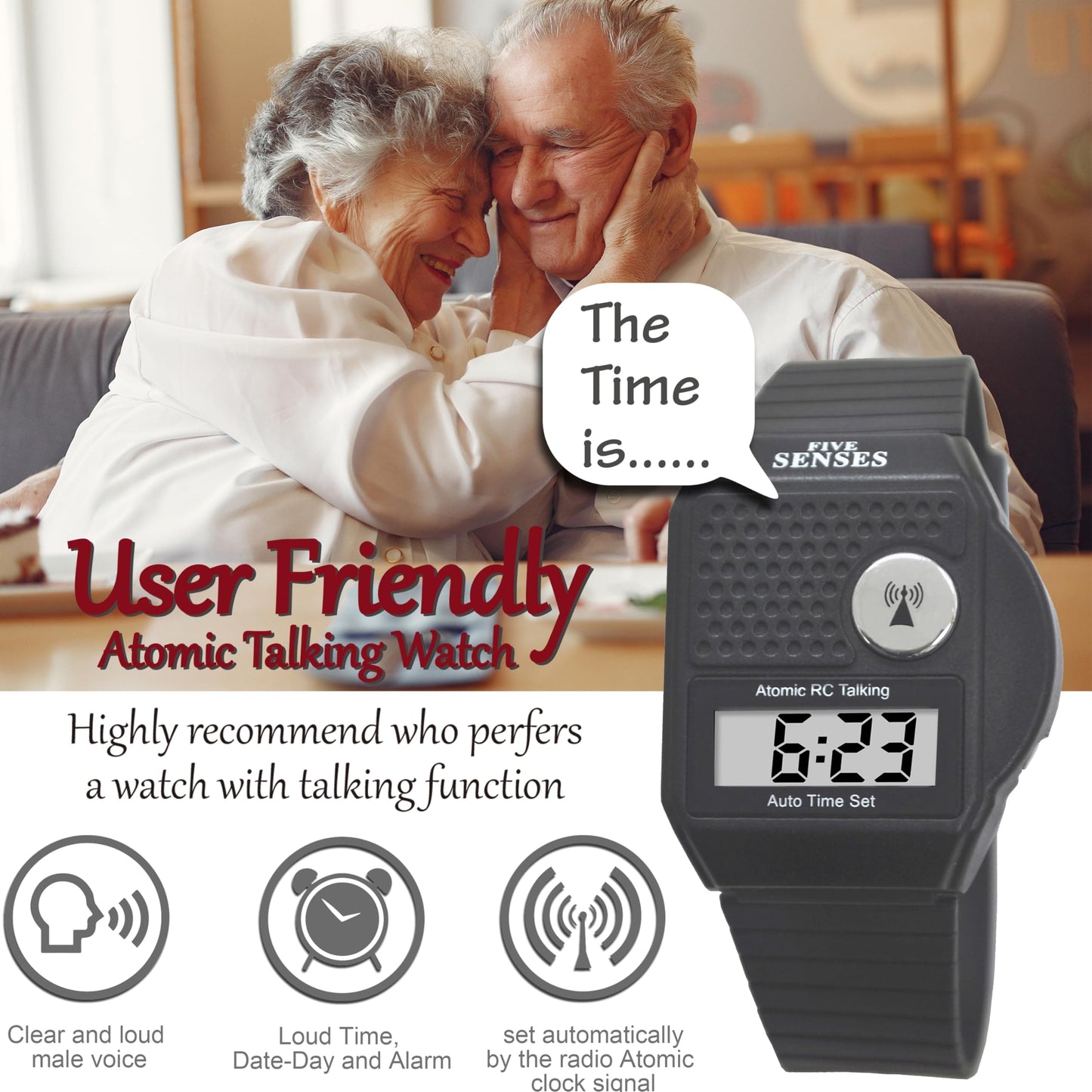 FIVE SENSES - English Atomic Talking Watch, Easy to use for Seniors Blind Men Women, Loud Talking Watch with Sound for Vision Impaired, Watches for Elderly Women, Blind People Products 1026