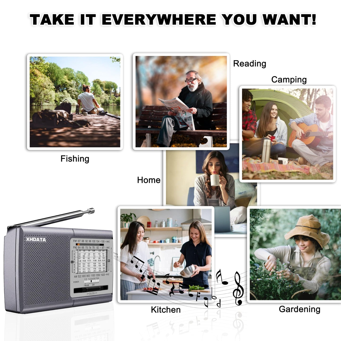 XHDATA D219 Portable Radio Retro FM AM SW Radio Battery Operated for Household Outdoor Camping Hiking Pocket Radio Grey