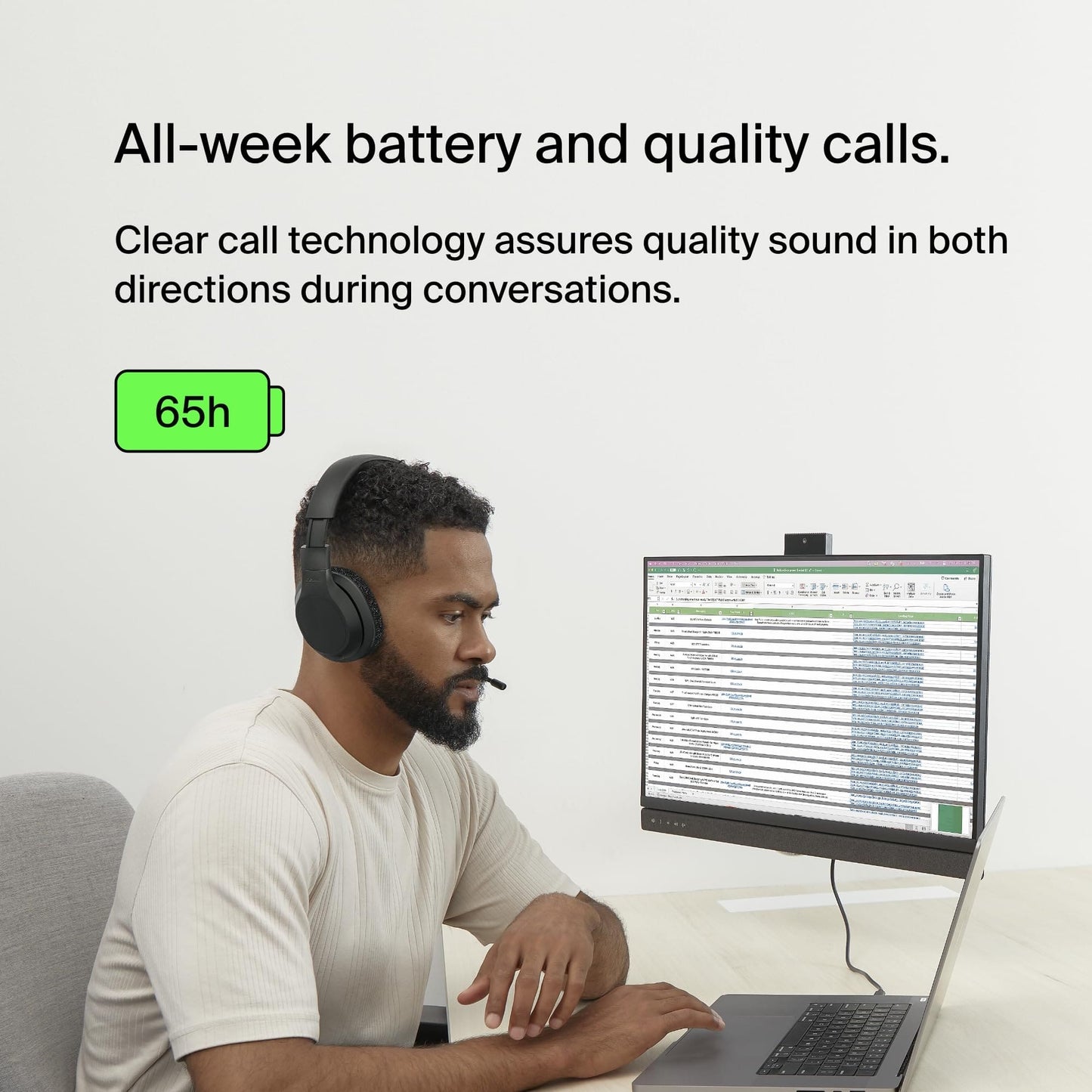 Belkin SoundForm Adapt Wireless headset with microphone, Wireless headphones with Built-In Boom Mic, Multipoint Connection, ENC, 65+H Bluetooth computer over ear headphones for PC, laptop, office