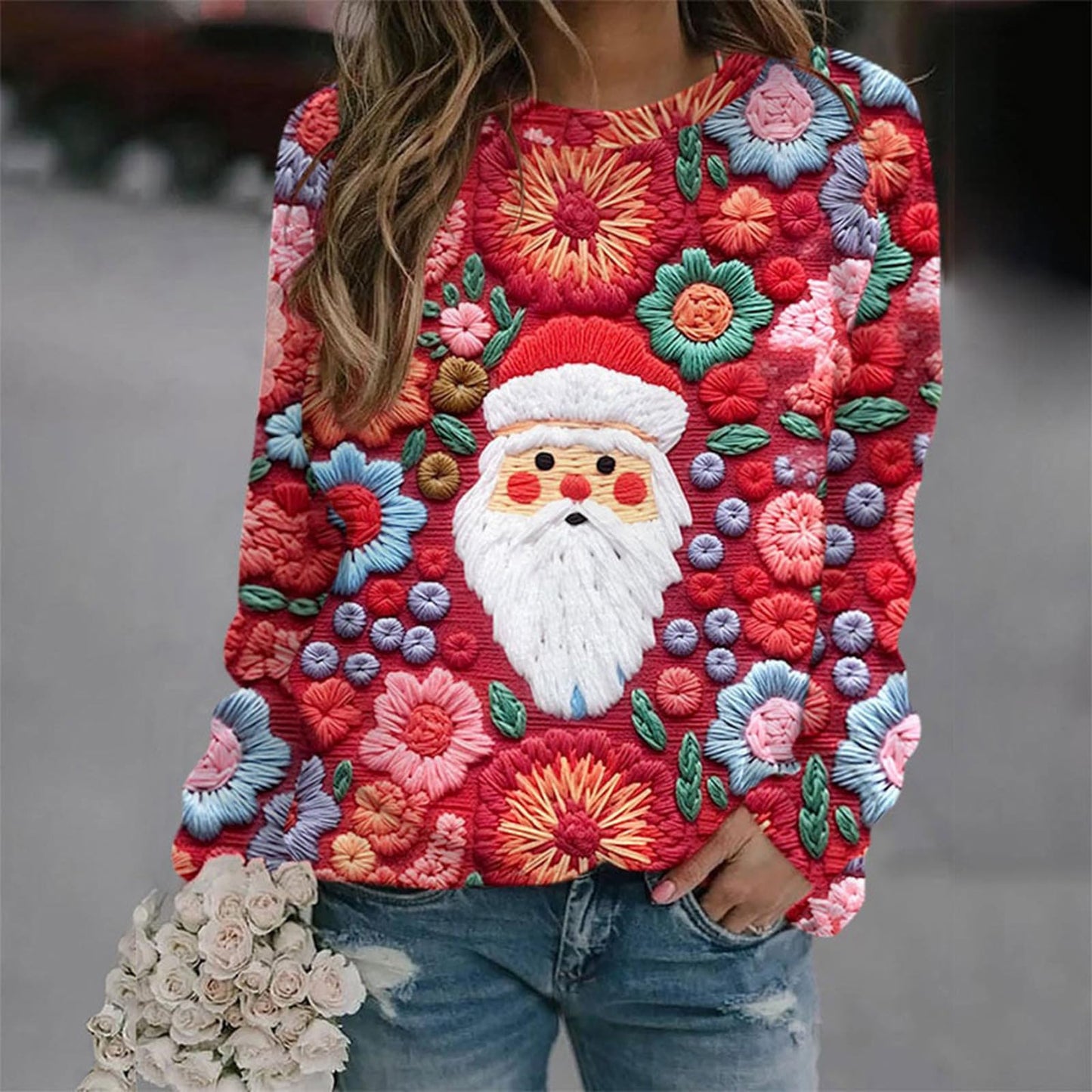 Womens Christmas Sweatshirt UK Clearance, Ladies Santa Claus Xmas Tree Snowman Printed Jumper Long Sleeve Pullover Crew Neck Sweater Funny Blouse Winter Jumpers Going Out Shirt Plus Size