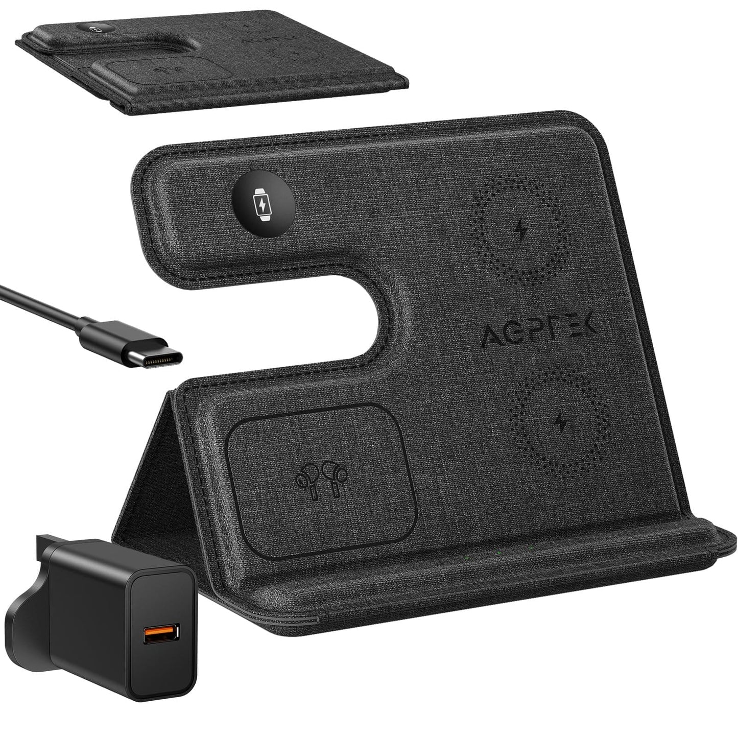 AGPTEK 3 in 1 Wireless Charging Station, Foldable Travel Wireless Charger Anti-Slip Compatible with iPhone 15/14/13/12/11/XR/XS/X/8, for Samsung S24/S23/S22/S21/S20, iWatch 2-9/AirPods, 18W Adapter