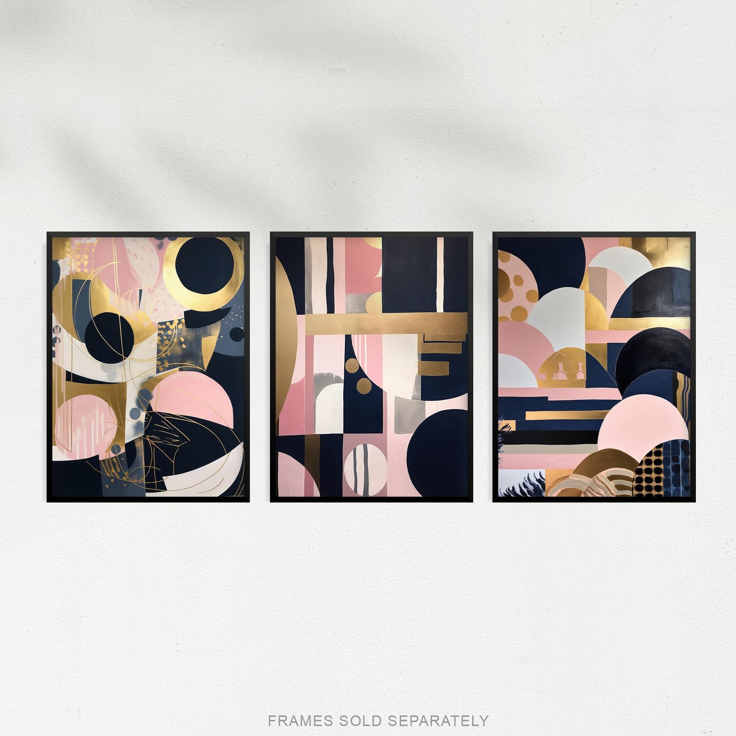 Artery8 Set of 3 A4 Abstract Boho Art Deco Paintings Gold Pink Navy Blue Geometric Shapes and Patterns Unframed Wall Art Living Room Poster Prints Pack