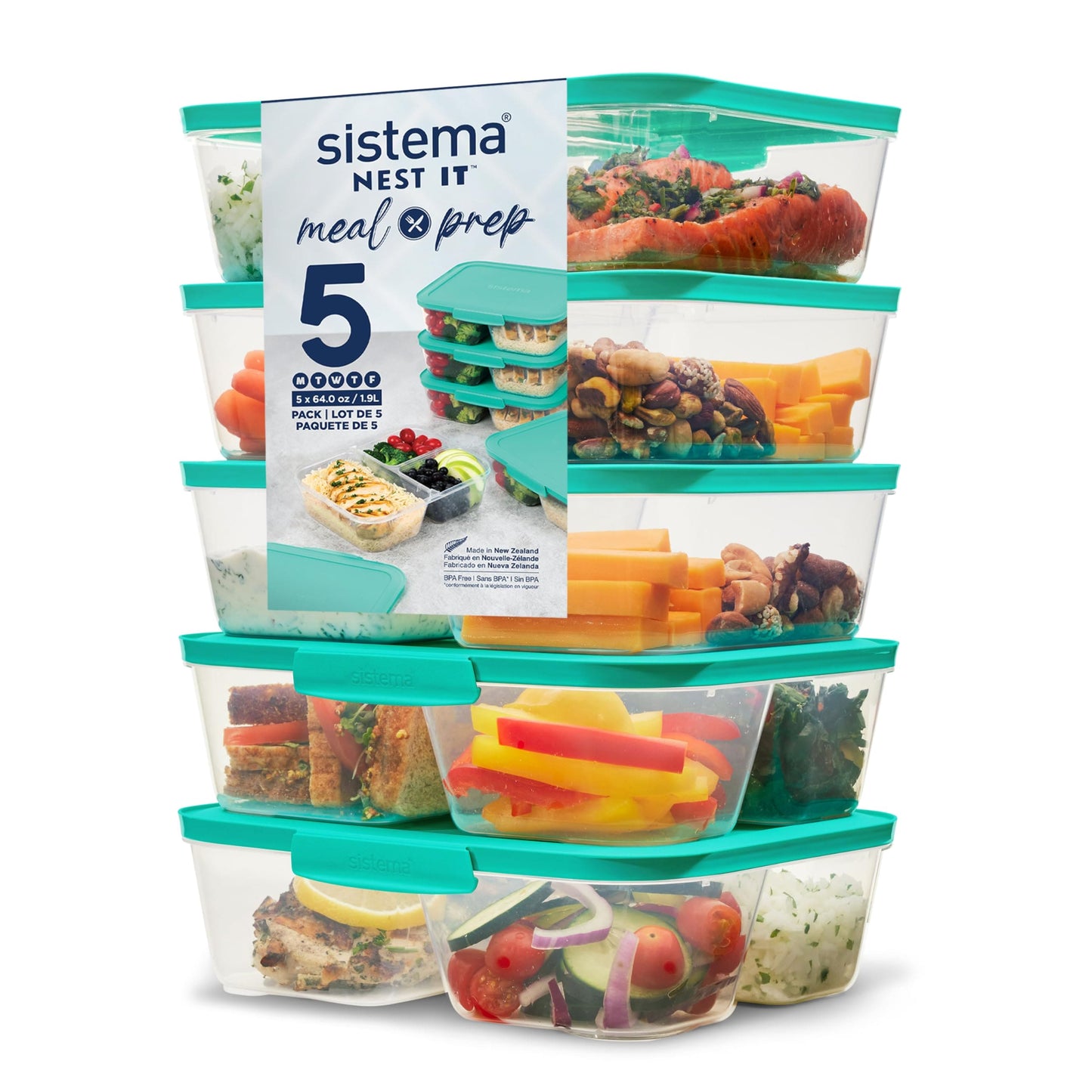 Sistema NEST IT Meal Prep Containers | 1.9 L | Airtight Food Storage Containers with Compartments & Lids | School Lunch Boxes | BPA-Free | Green | 5 Count