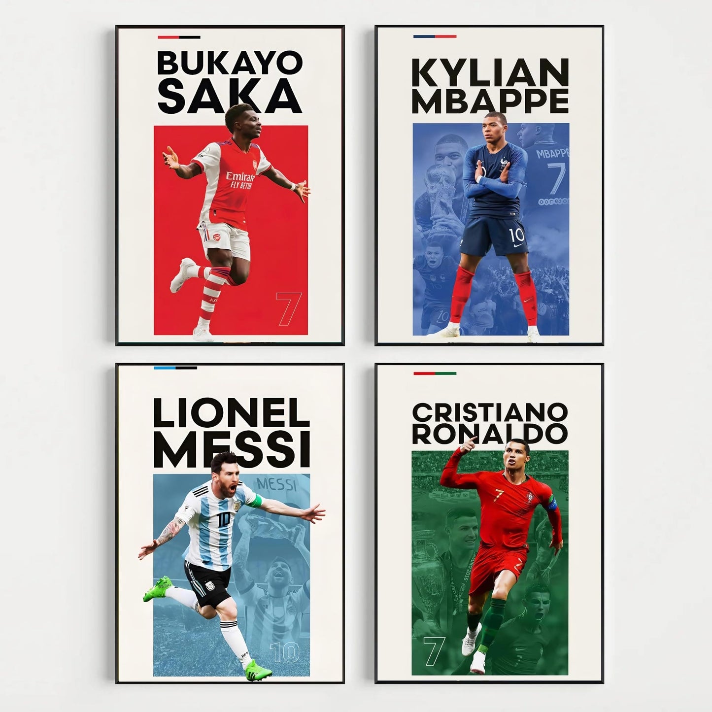 Football Prints Set of 4 - Messi, Ronaldo, Mbappe And Saka Famous Football Legends Superstar Sports Decor for Boys Bedroom Wall Art Decor (A4)