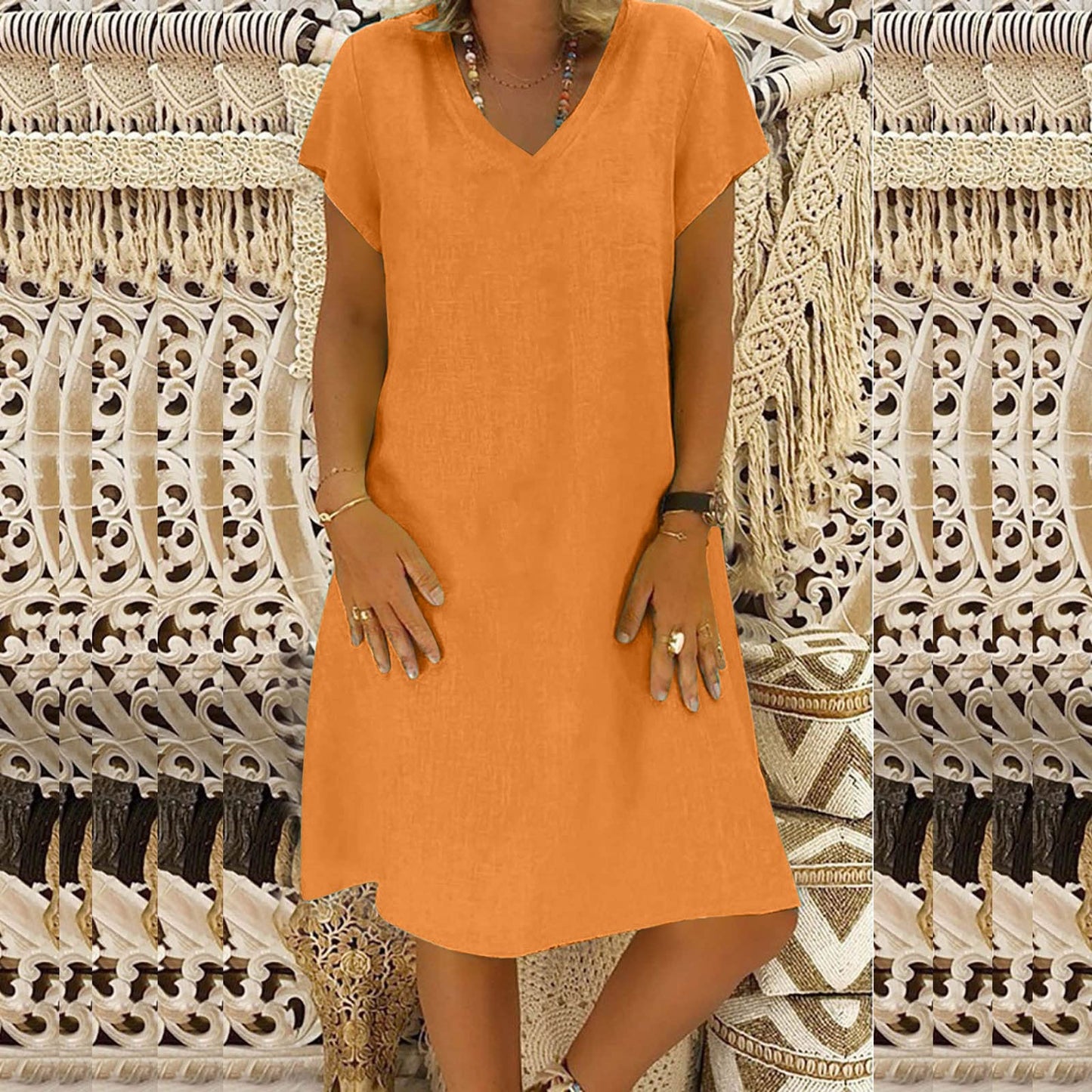 AMhomely Women Dress Sale Clearance Fashion Ladies Loose V-Neck Summer Solid Short Sleeve Cotton and Linen Dress Party Elegant UK Size Orange, XL