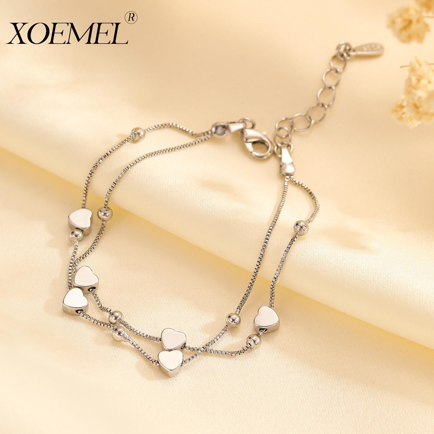 XOEMEL Silver Heart Bracelet Sterling Silver Bracelet for Women Layered Charm Bracelets for Women Ladies Silver Bracelets Friendship Bracelets Women's Jewellery