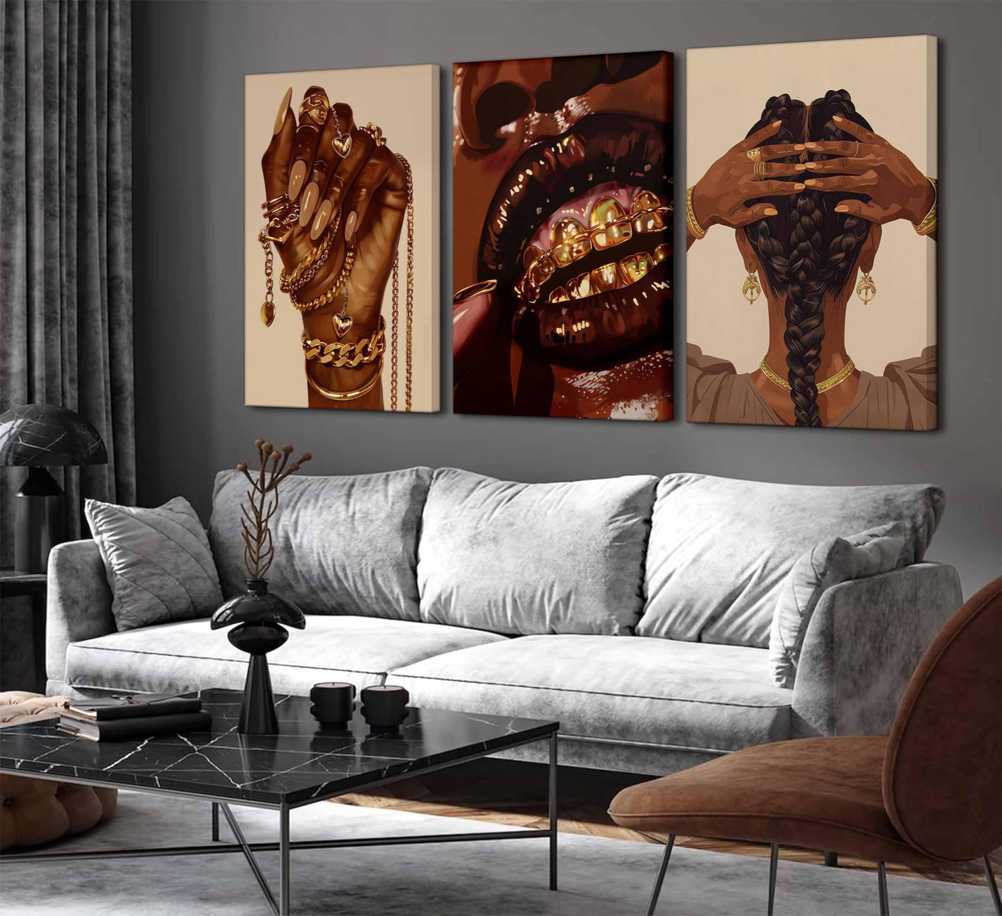 3 Pcs African American Woman Canvas Wall Art Fashion Afrocentric Black Girl Grill Melanin Paintings Pictures Wall Decor Poster Print Artwork for Living Room Bedroom Home Decoration (Canvas, 16x24in)