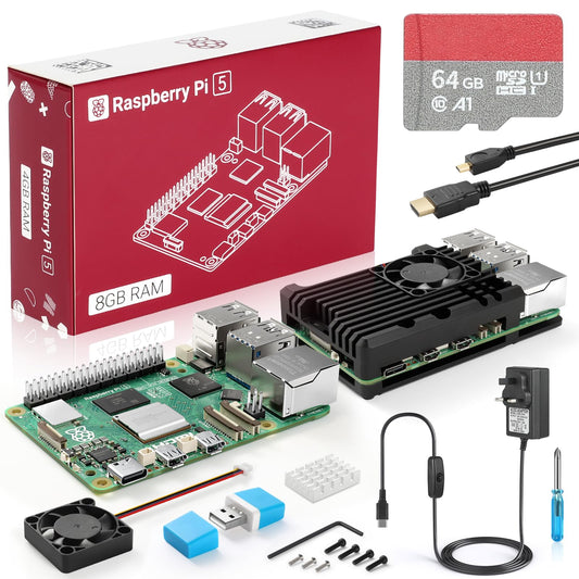 Jeefugoal Raspberry Pi 5 (8GB) Starter Kit, Raspberry Pi 5 kit with Pi 5 Board,Aluminum Case, 64GB SD card,Power Supply, HDMI Cable and Card Reader