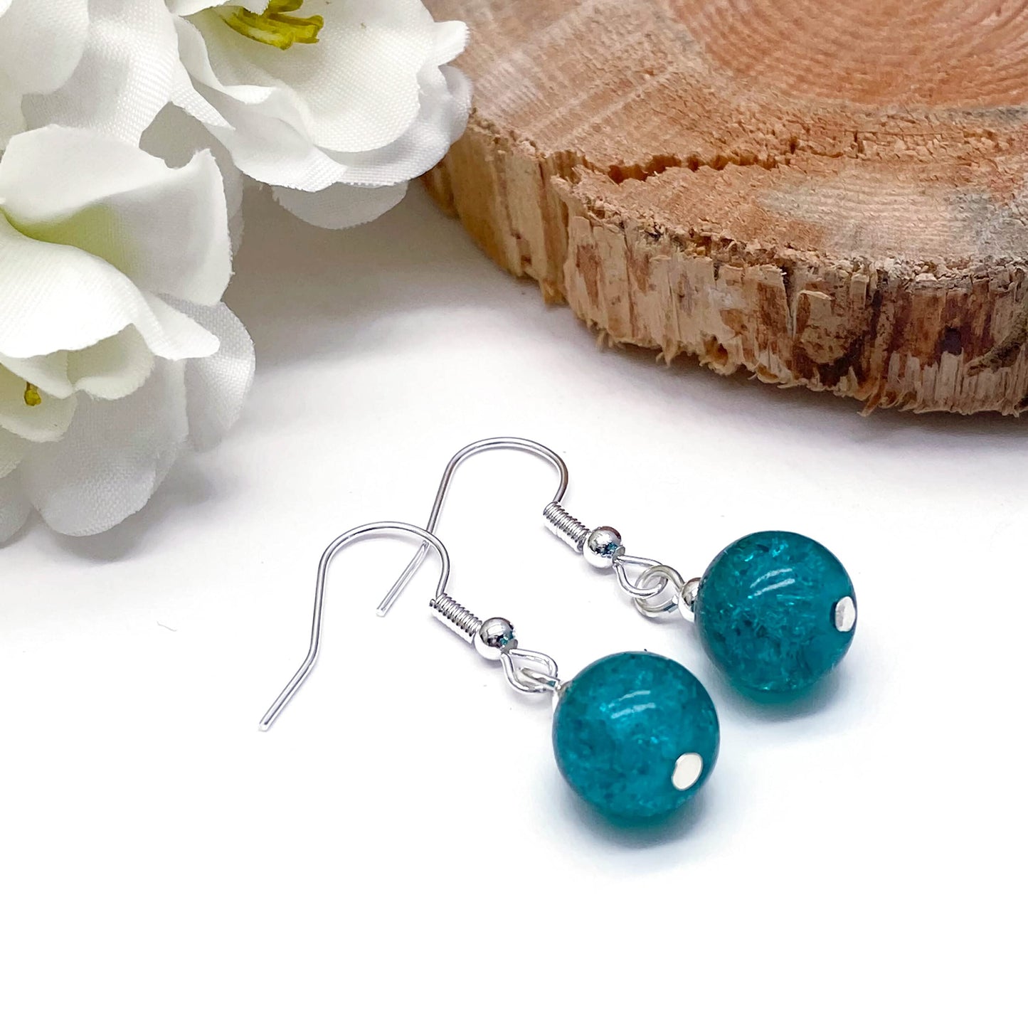 Sea Green Crackle Glass Bead Earrings - 10mm Round Beads on Nickelfree Hooks