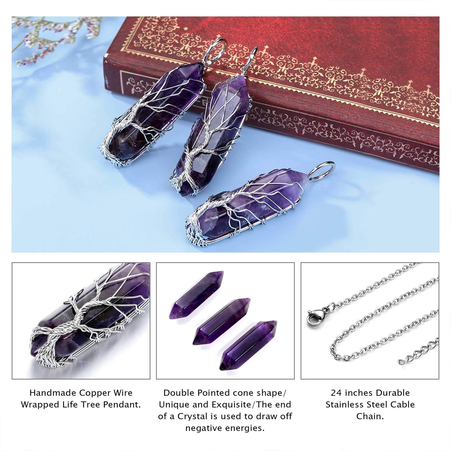 CrystalTears Amethyst Healing Crystal Stone Necklace Tree Life Wire Wrapped Natural Hexagonal Crystal Points Pendant Necklace Mothers Day Gifts for Mum Women Her Wife Girlfriend