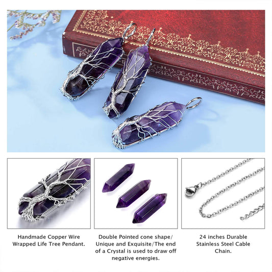 CrystalTears Amethyst Healing Crystal Stone Necklace Tree Life Wire Wrapped Natural Hexagonal Crystal Points Pendant Necklace Mothers Day Gifts for Mum Women Her Wife Girlfriend