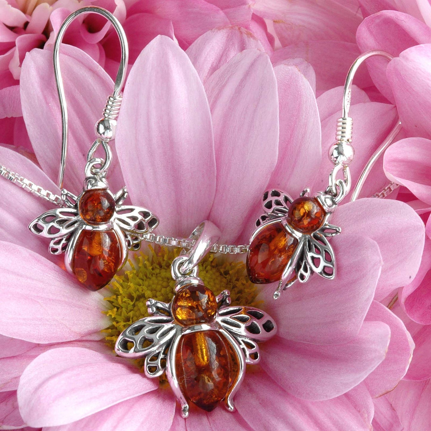 Sterling Silver & Natural Baltic Honey Amber BUMBLE BEE Pendant (Optional Necklace)