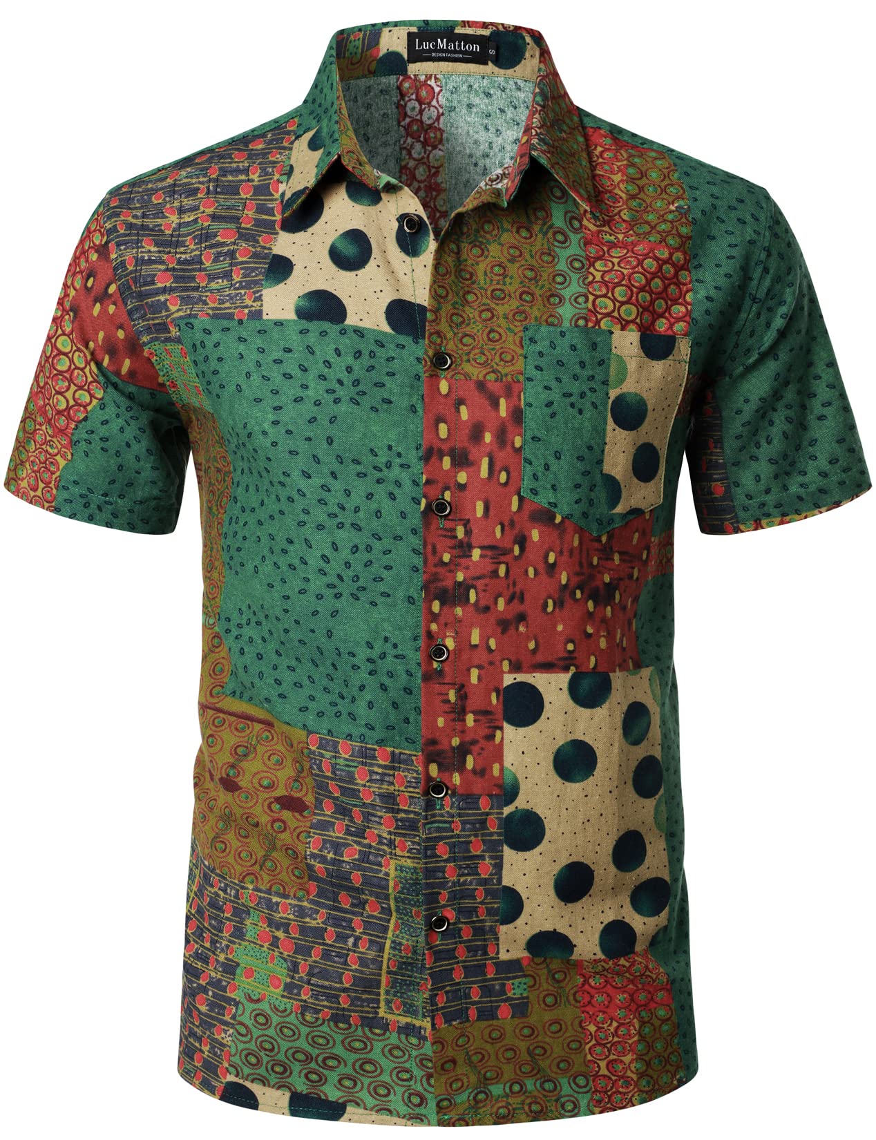 LucMatton Men's Casual Linen Breathable African Print Shirt Summer Short Sleeve Button up Hawaiian Tops Green Medium