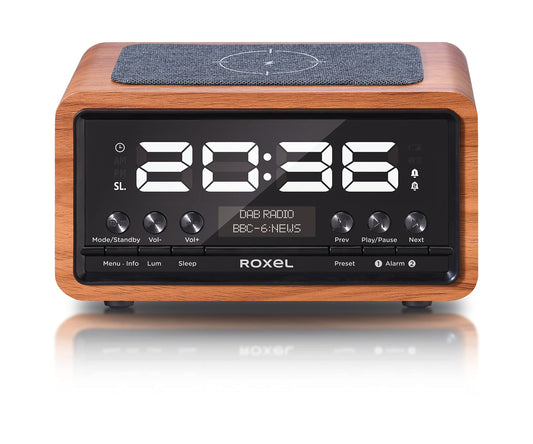 Roxel Nod Bedside Radio, DAB/DAB+ & FM Radio, Alarm Clock, Wireless Phone Charging, Large Digit Display, Dual Bedside Alarm Clock with Wireless Streaming (Walnut)